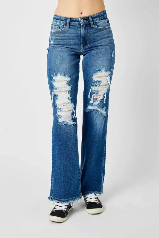 Judy Blue Jeans - Full Size Mid Rise Distressed Raw Hem - Be Bliss Boutique