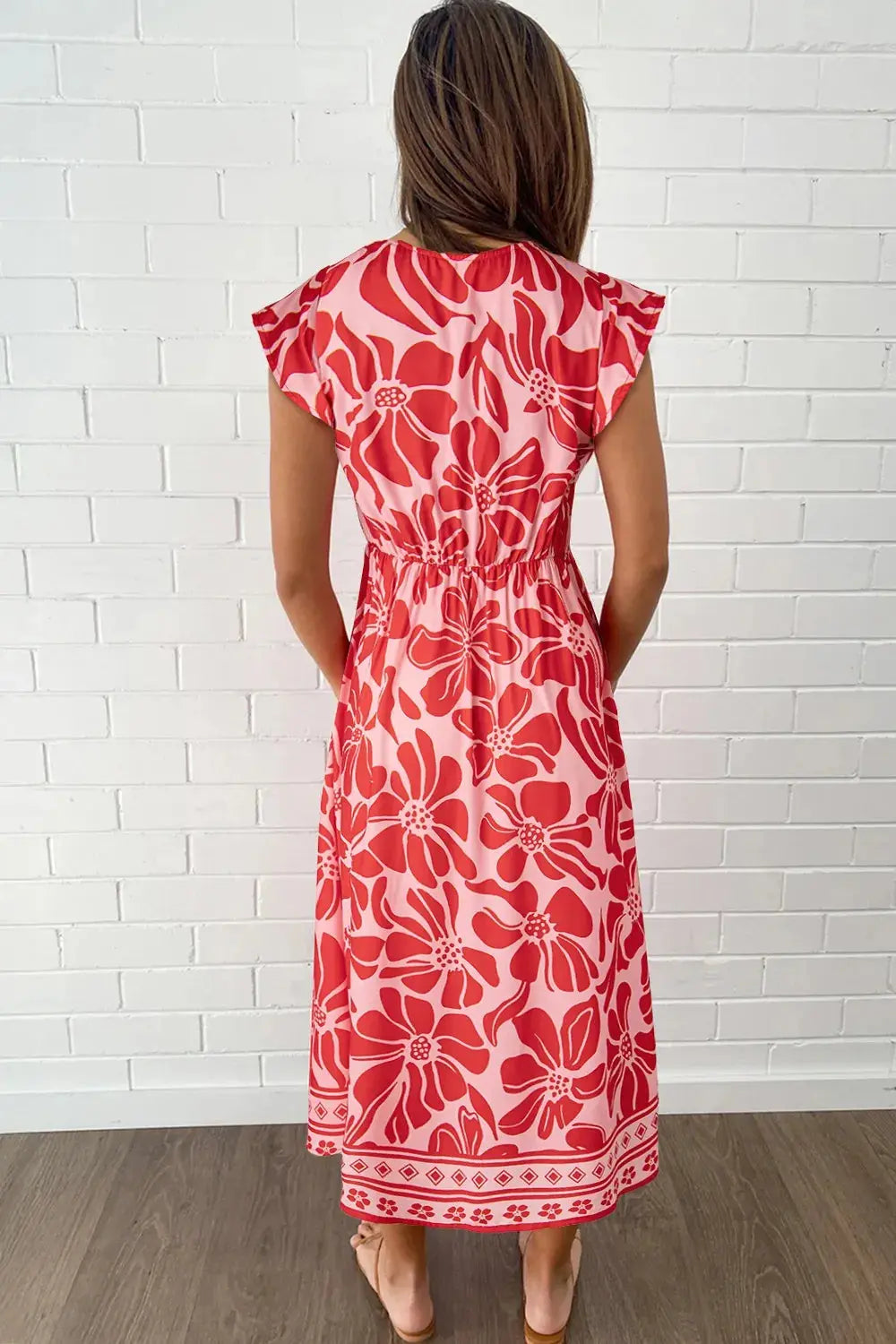 Floral Ruffled V Neck Midi Dress with Button Front - Be Bliss Boutique