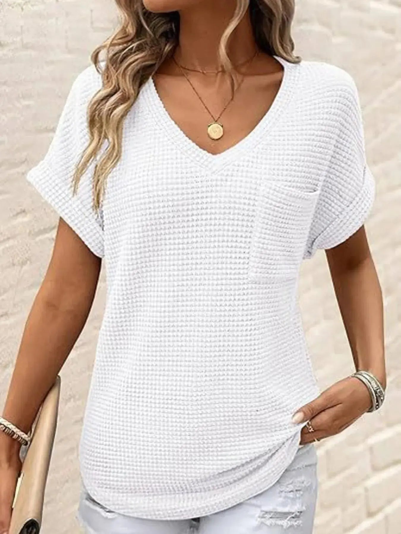 Waffle Knit V-Neck Casual T-Shirt - Be Bliss Boutique