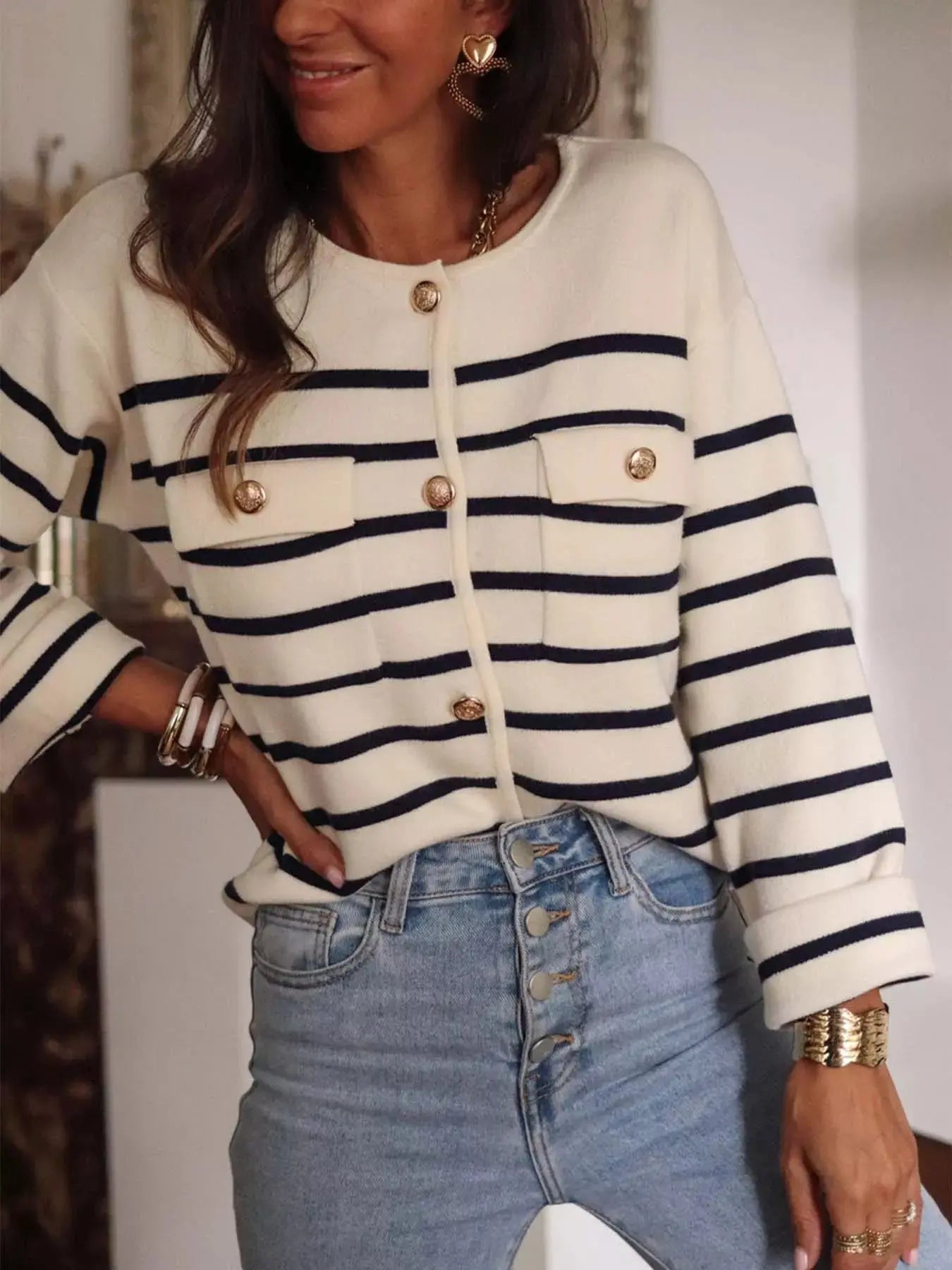 Striped Button Front Cardigan - Be Bliss Boutique