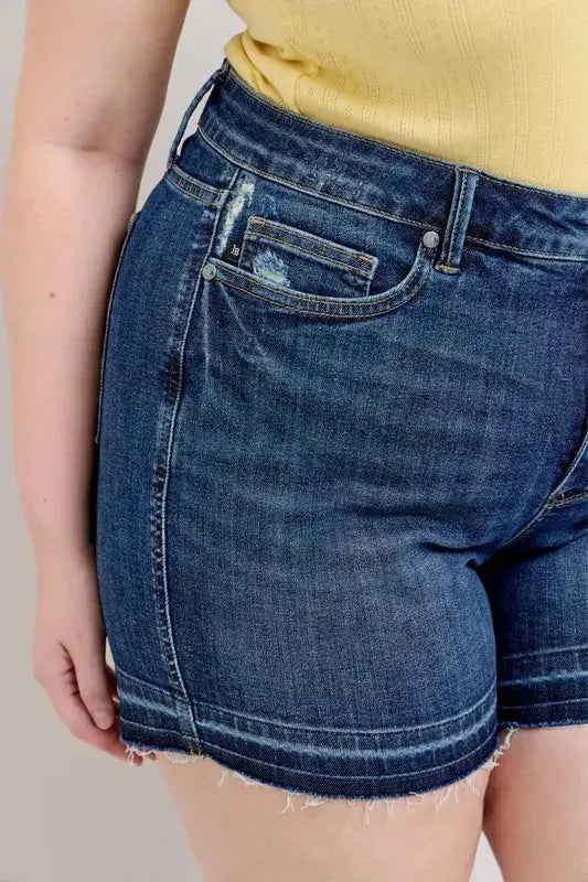 Judy Blue Jeans - Plus Size High Waist Tummy Control Destroy Release Hem Denim Shorts - Be Bliss Boutique