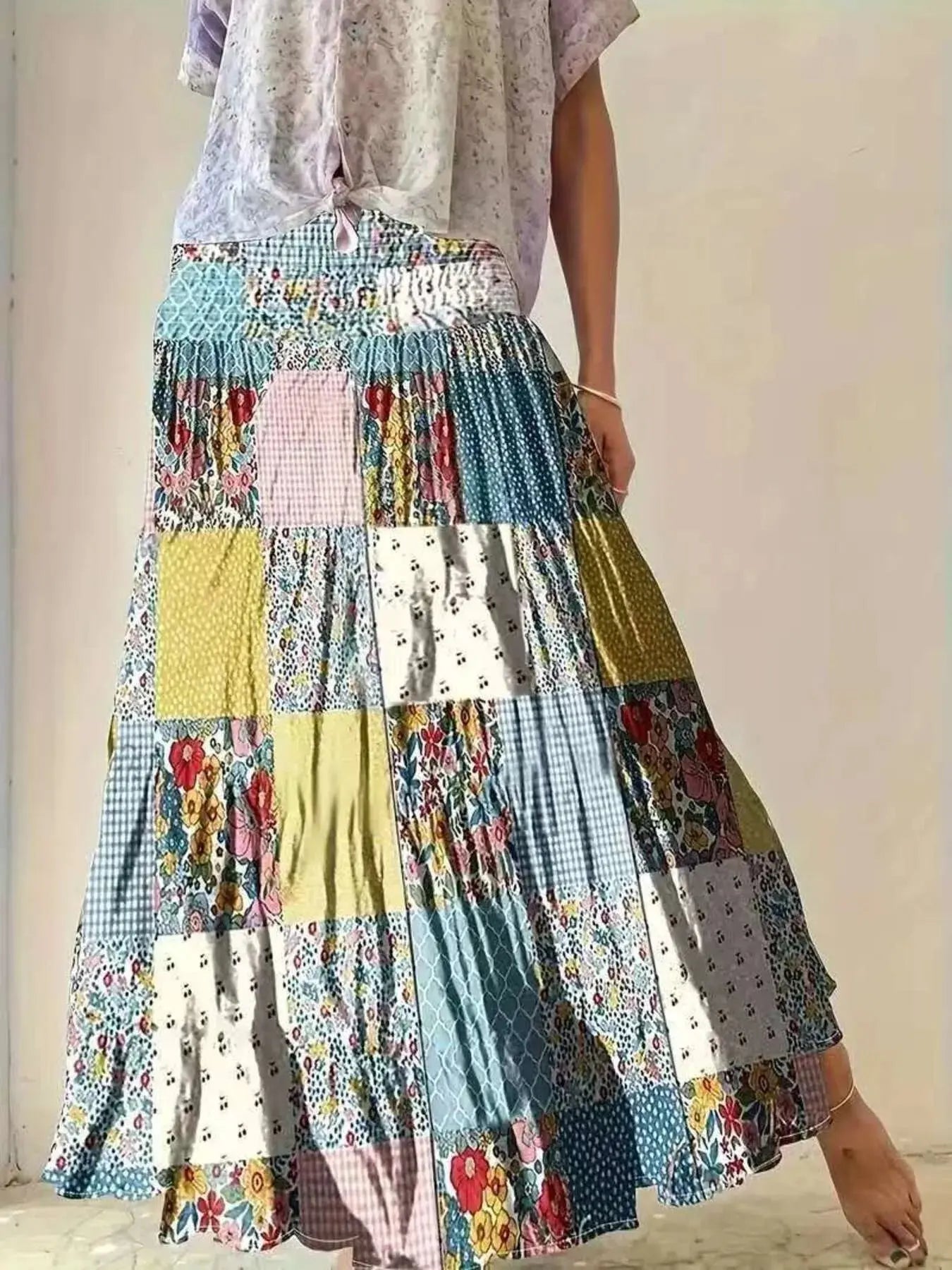 Smocked Waist Patchwork Tiered Bohemian Maxi Skirt with Pockets - Be Bliss Boutique