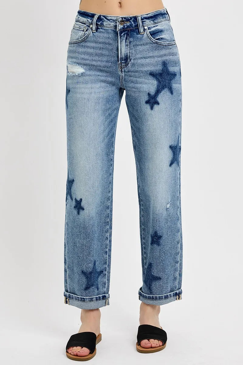 Full Size Mid Rise Boyfriend Star Shadow Detail Cuffed RISEN Jeans - Be Bliss Boutique
