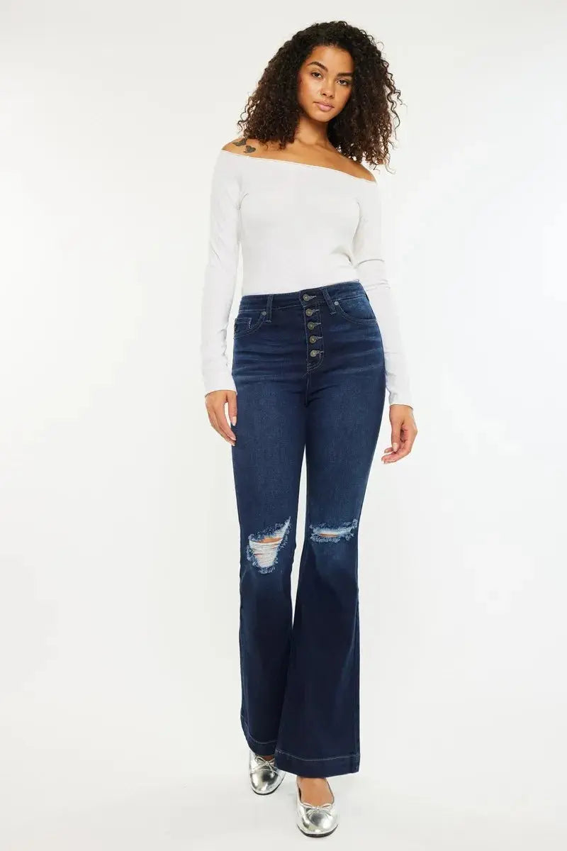Button Fly High Rise Distressed Kancan Flare Jeans - Be Bliss Boutique