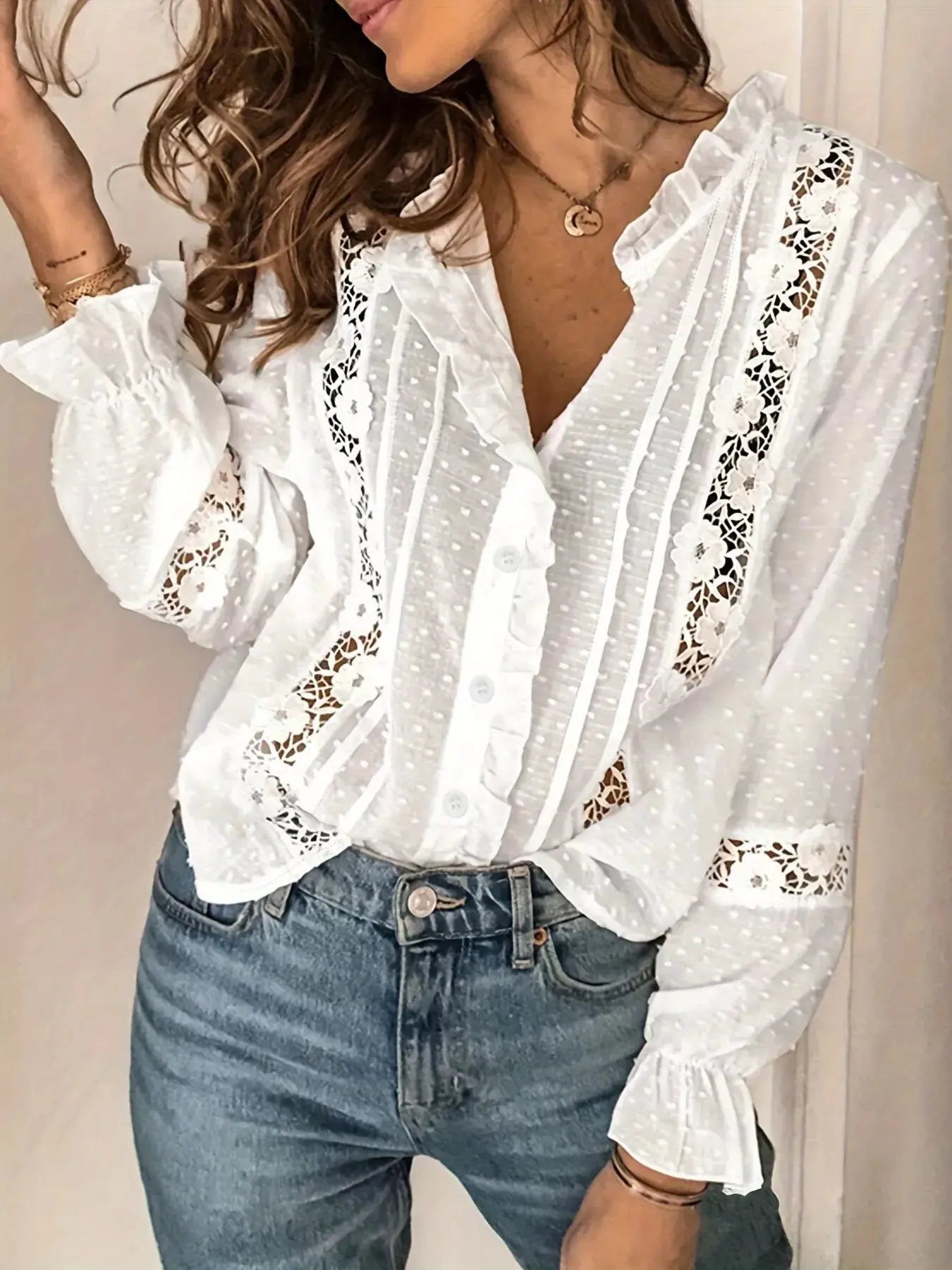 Lace Trimmed Swiss Dot Shirt - Be Bliss Boutique