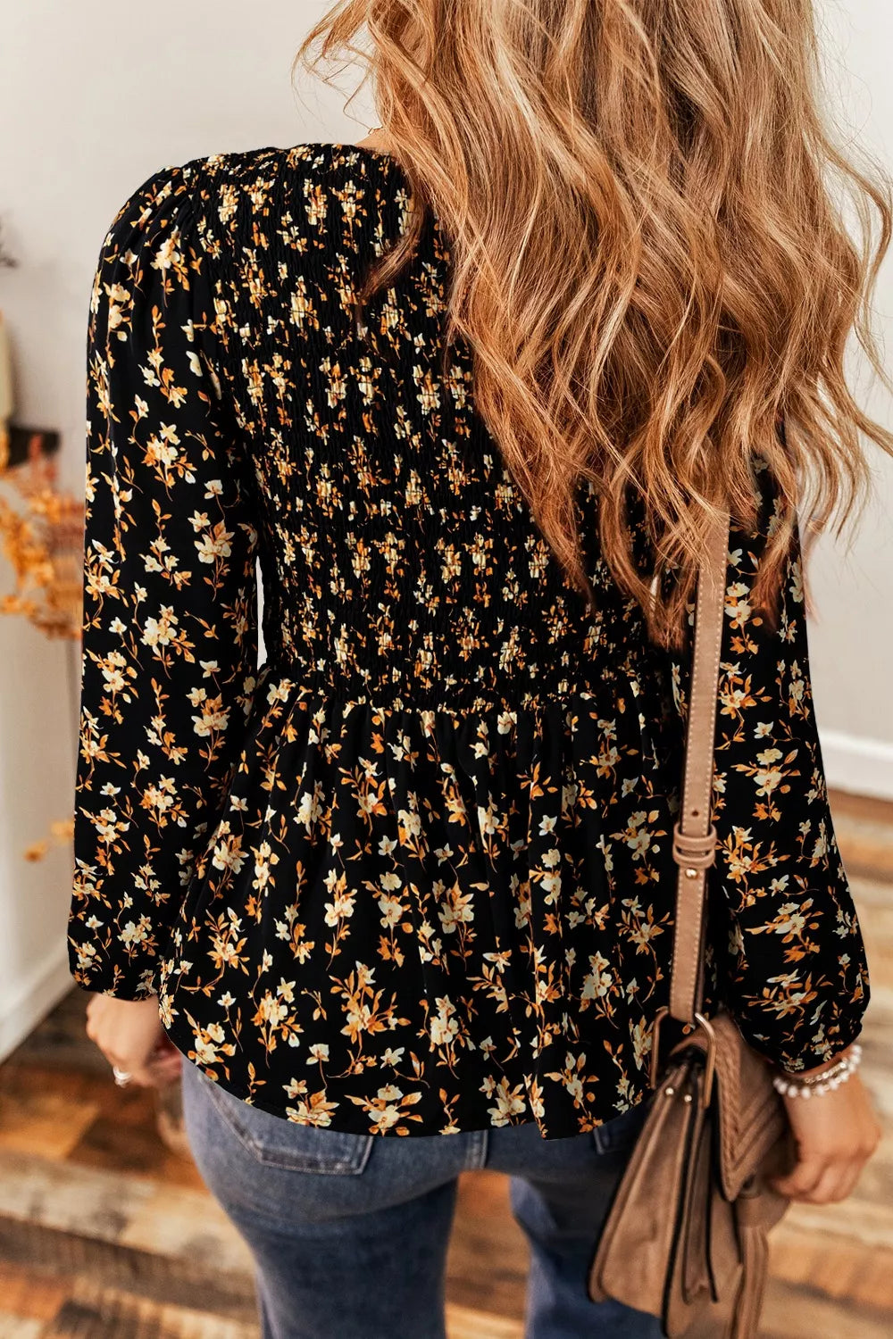 Women's Floral Print Smocked Waist Long Sleeve Blouse - Be Bliss Boutique
