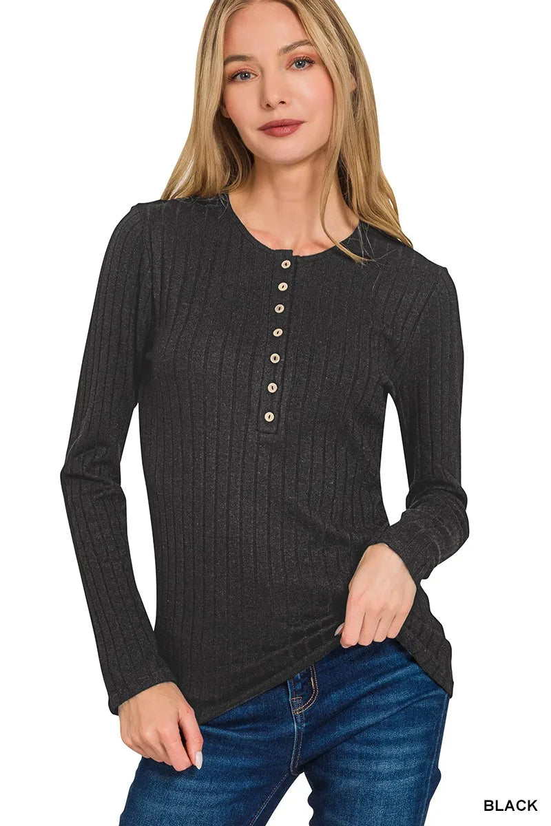 Zenana Black Ribbed Half Button Long Sleeve Top - Be Bliss Boutique