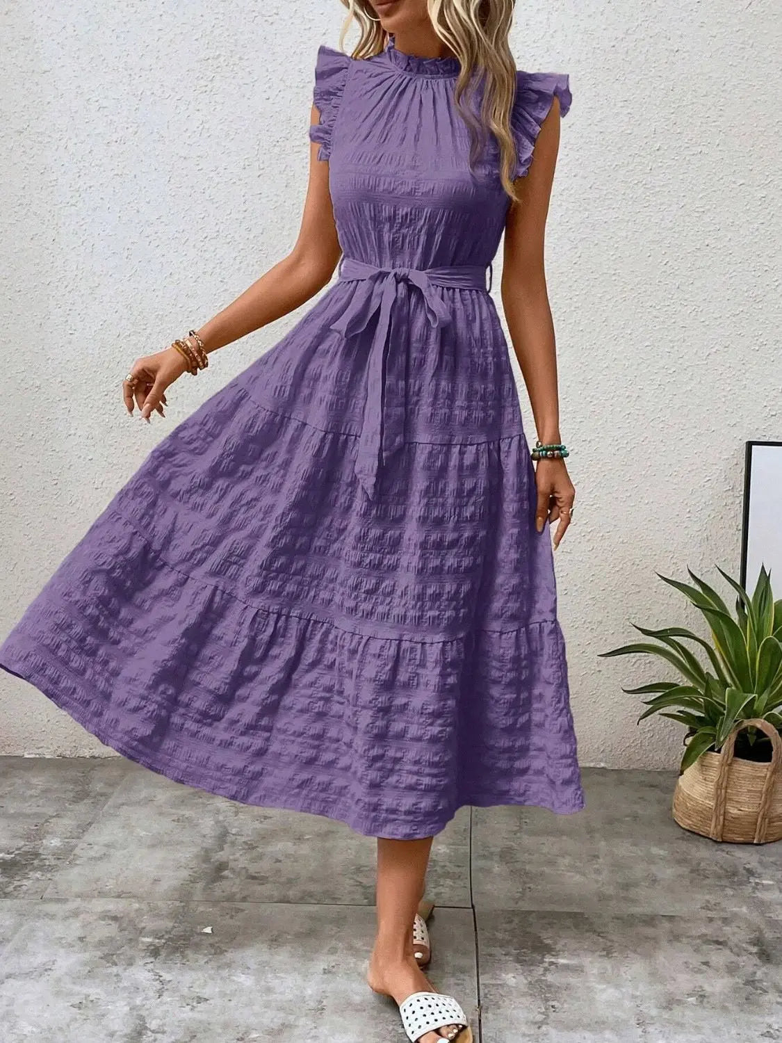 Tied Ruffled Cap Sleeve Midi Dress - Be Bliss Boutique