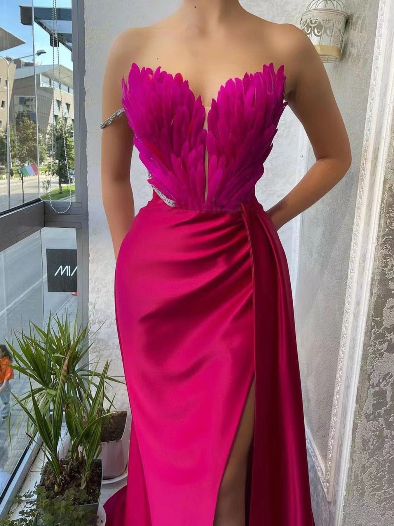 Feather Embellished Slit Maxi Dress - Be Bliss Boutique