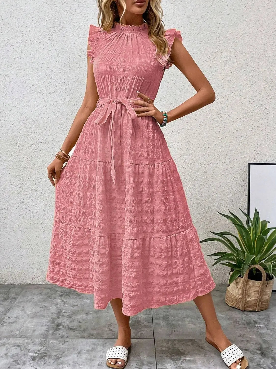 Tied Ruffled Cap Sleeve Midi Dress - Be Bliss Boutique