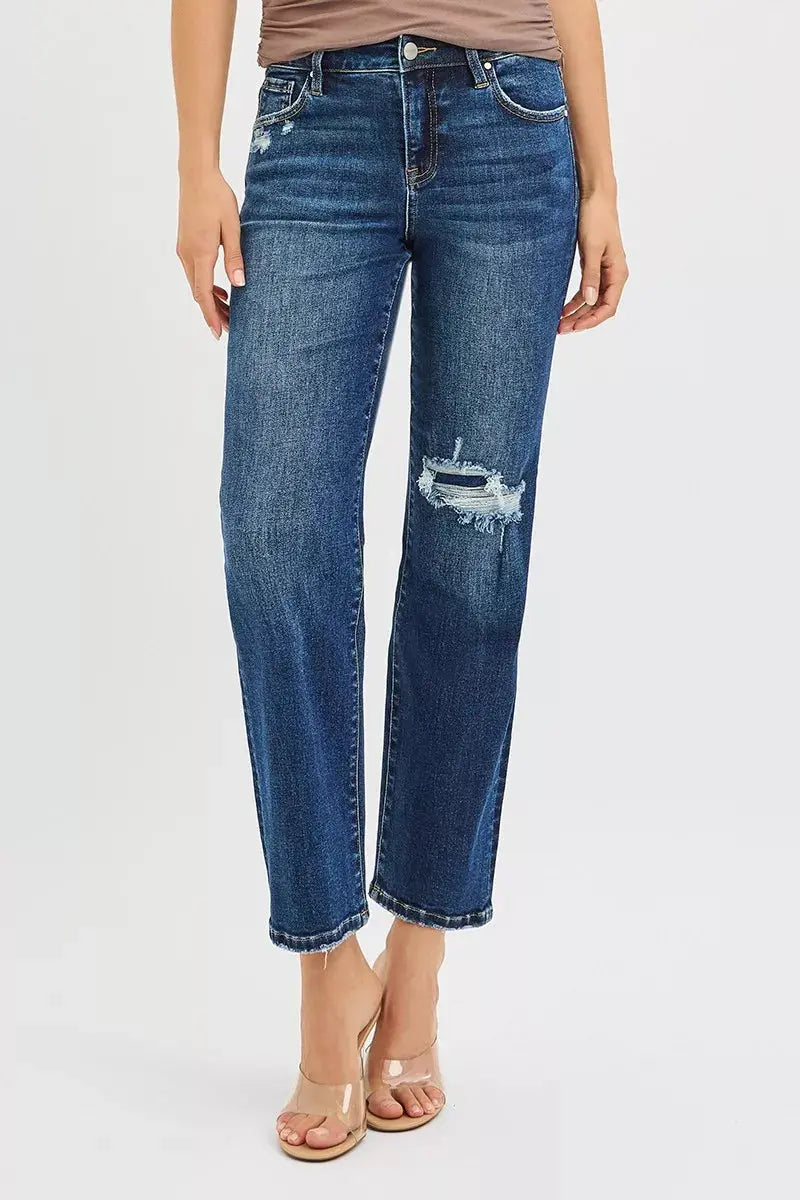 High Rise Crop Slim Straight RISEN Jeans with Hidden Knee Patch - Be Bliss Boutique