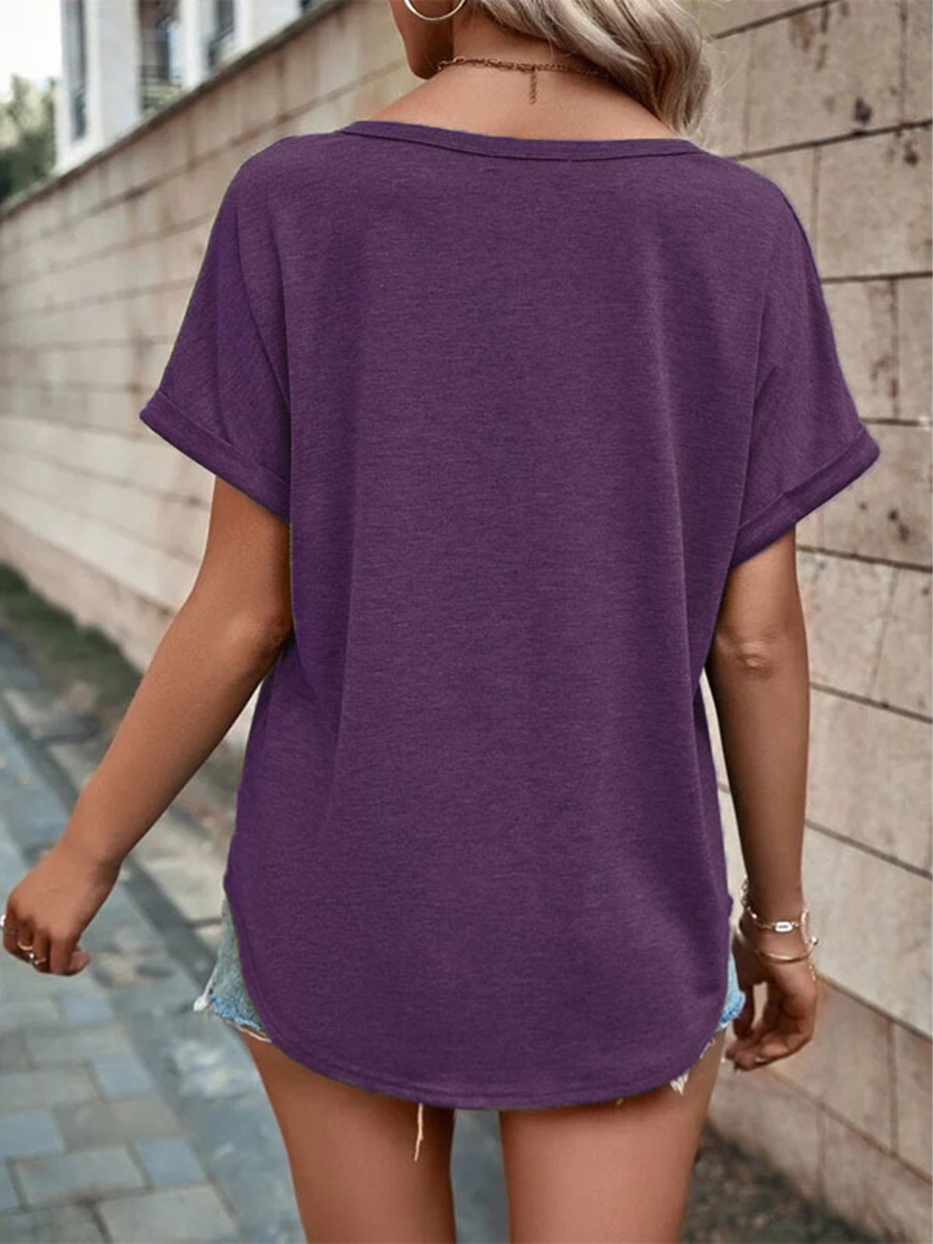 Full Size Decor Button Short Sleeve T Shirt - Be Bliss Boutique