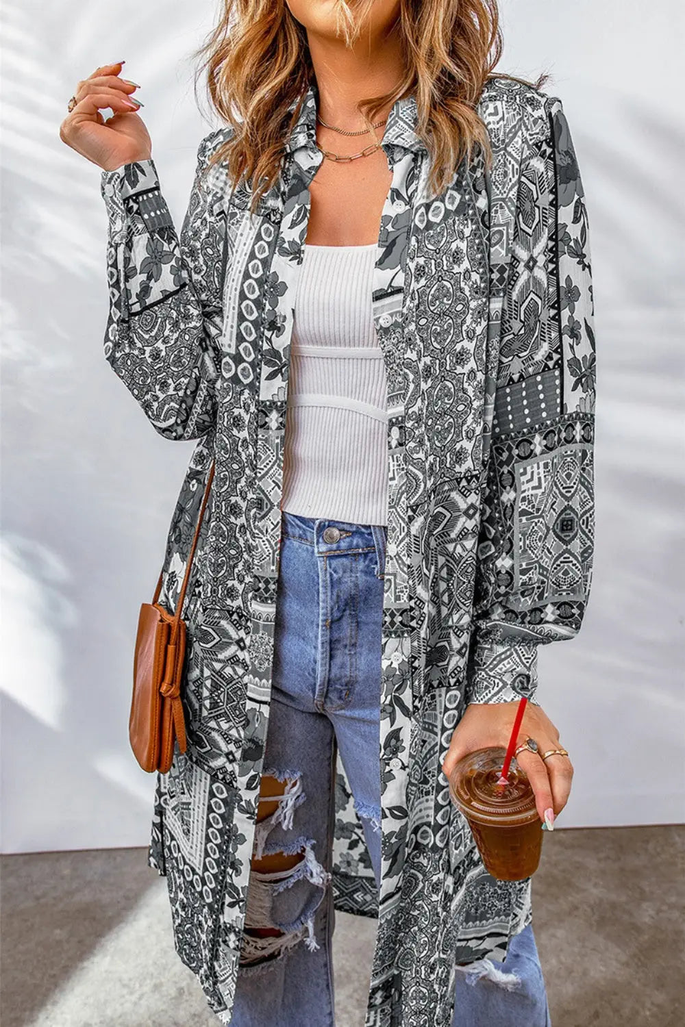 Printed Button Up Long Sleeve Cardigan - Be Bliss Boutique