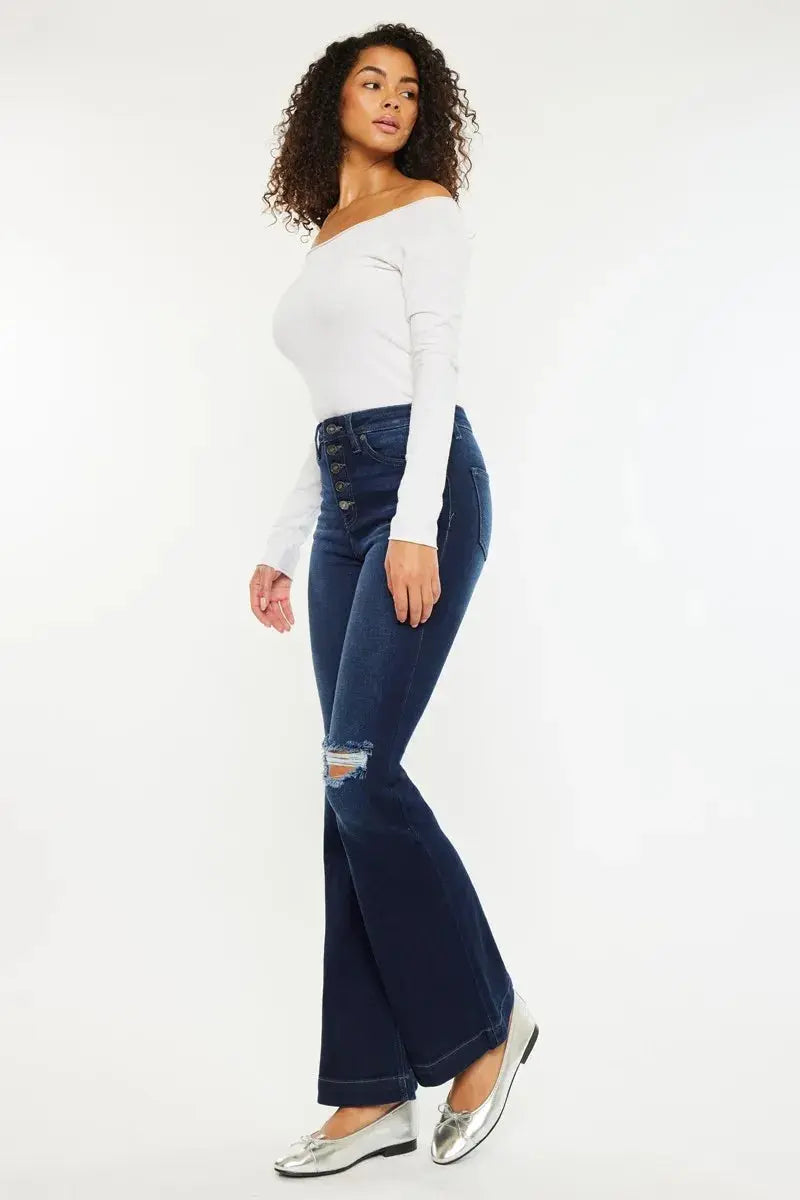 Button Fly High Rise Distressed Kancan Flare Jeans - Be Bliss Boutique