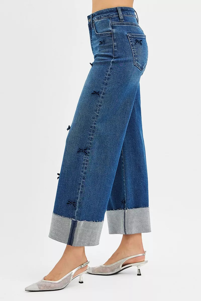 RISEN High Rise Crop Wide Leg Ribbon Detail Jeans - Be Bliss Boutique