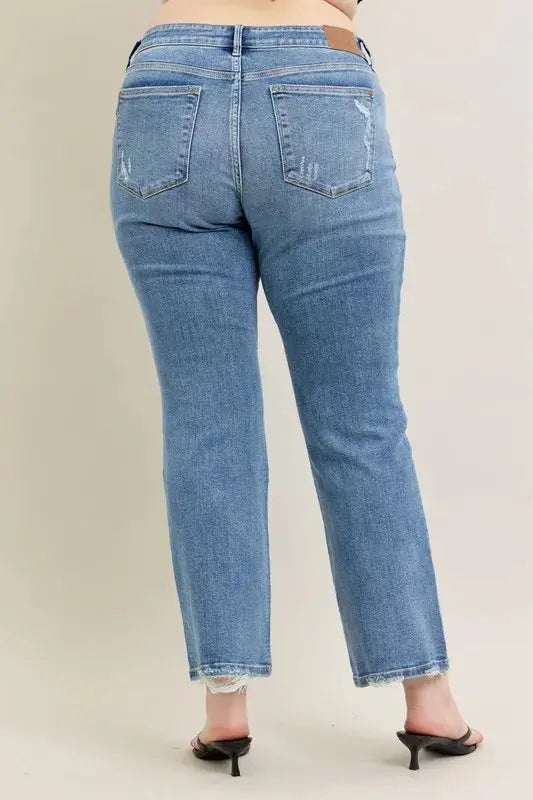 Full Size Mid Rise Wash Destroy Hem Bootcut Judy Blue Jeans - Be Bliss Boutique