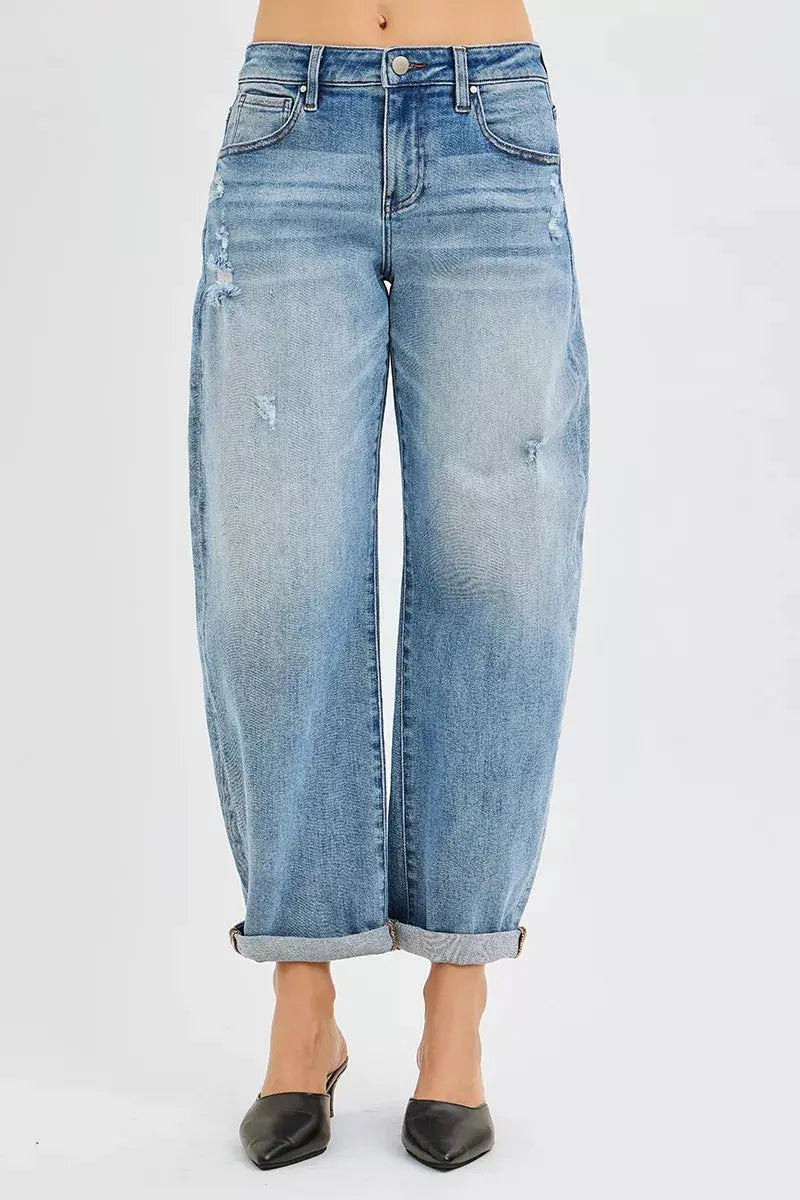 RISEN Jeans - Full Size Slouchy Ankle Length Barrel Jeans with Cuffs - Be Bliss Boutique