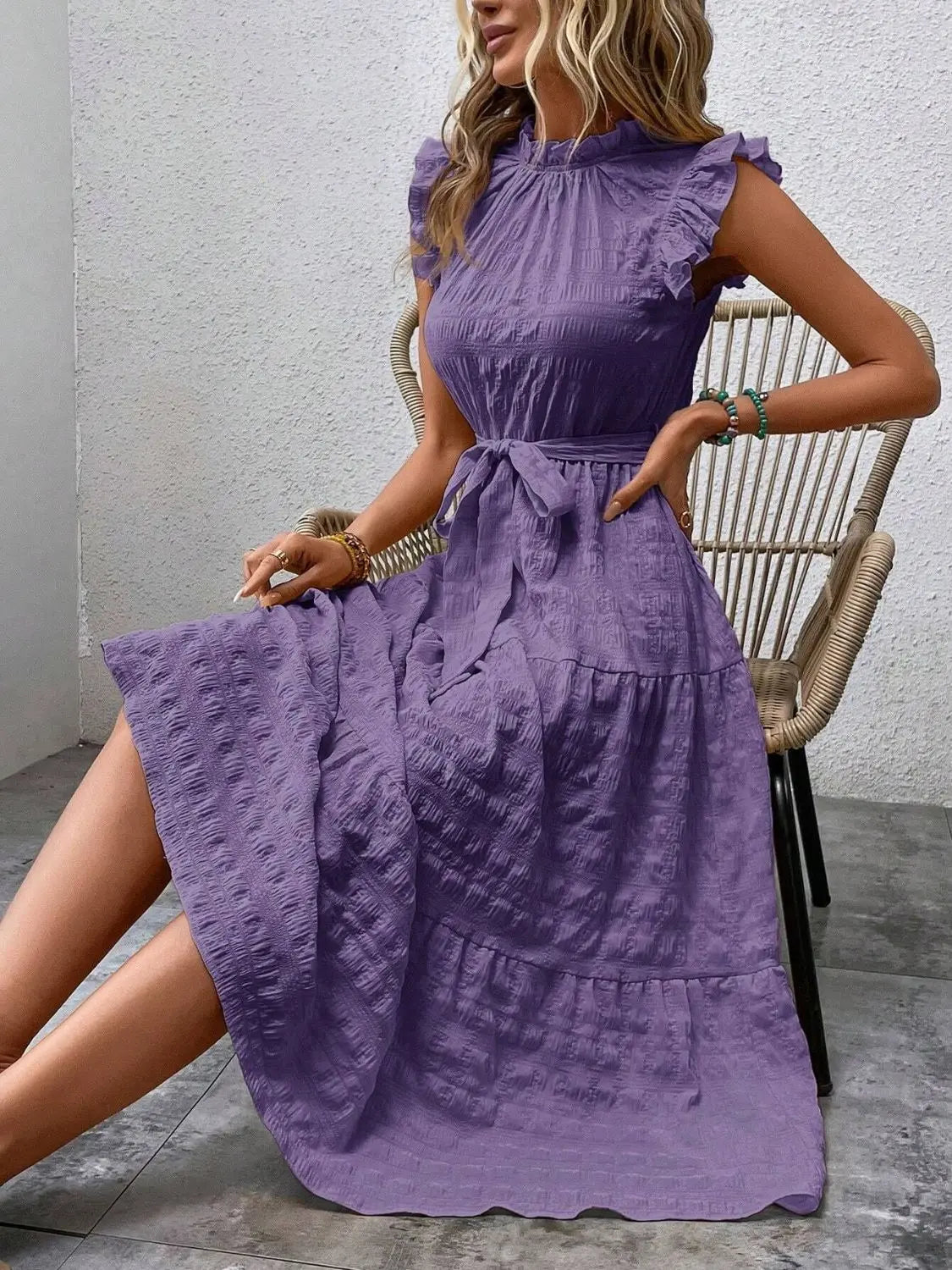 Tied Ruffled Cap Sleeve Midi Dress - Be Bliss Boutique