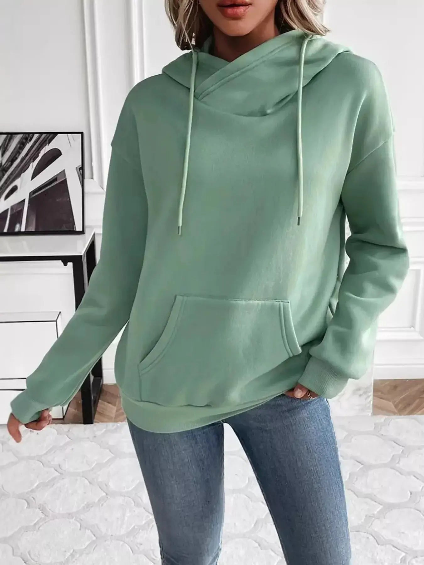 Kangaroo Pocket Long Sleeve Drawstring Hoodie - Be Bliss Boutique