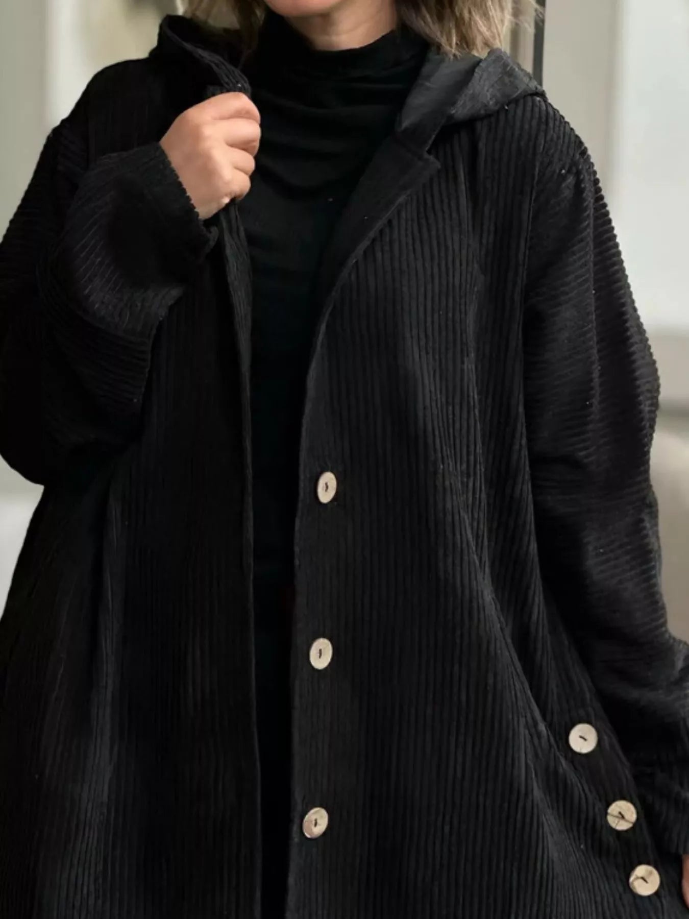 Full Size Corduroy Hooded Button-Up Jacket Plus Size - Be Bliss Boutique