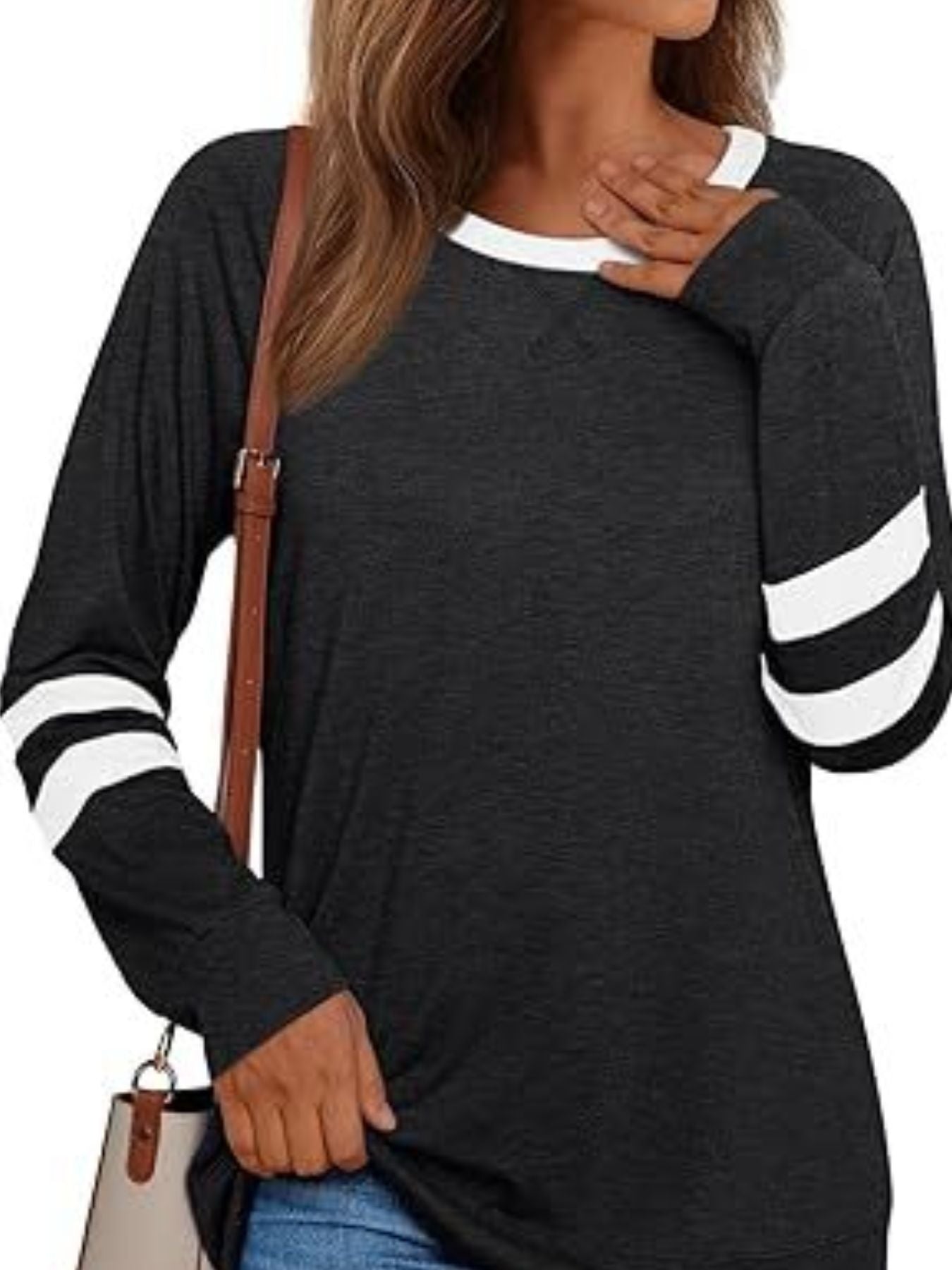 Casual Striped Sleeve Round Neck Long Sleeve T Shirt - Be Bliss Boutique