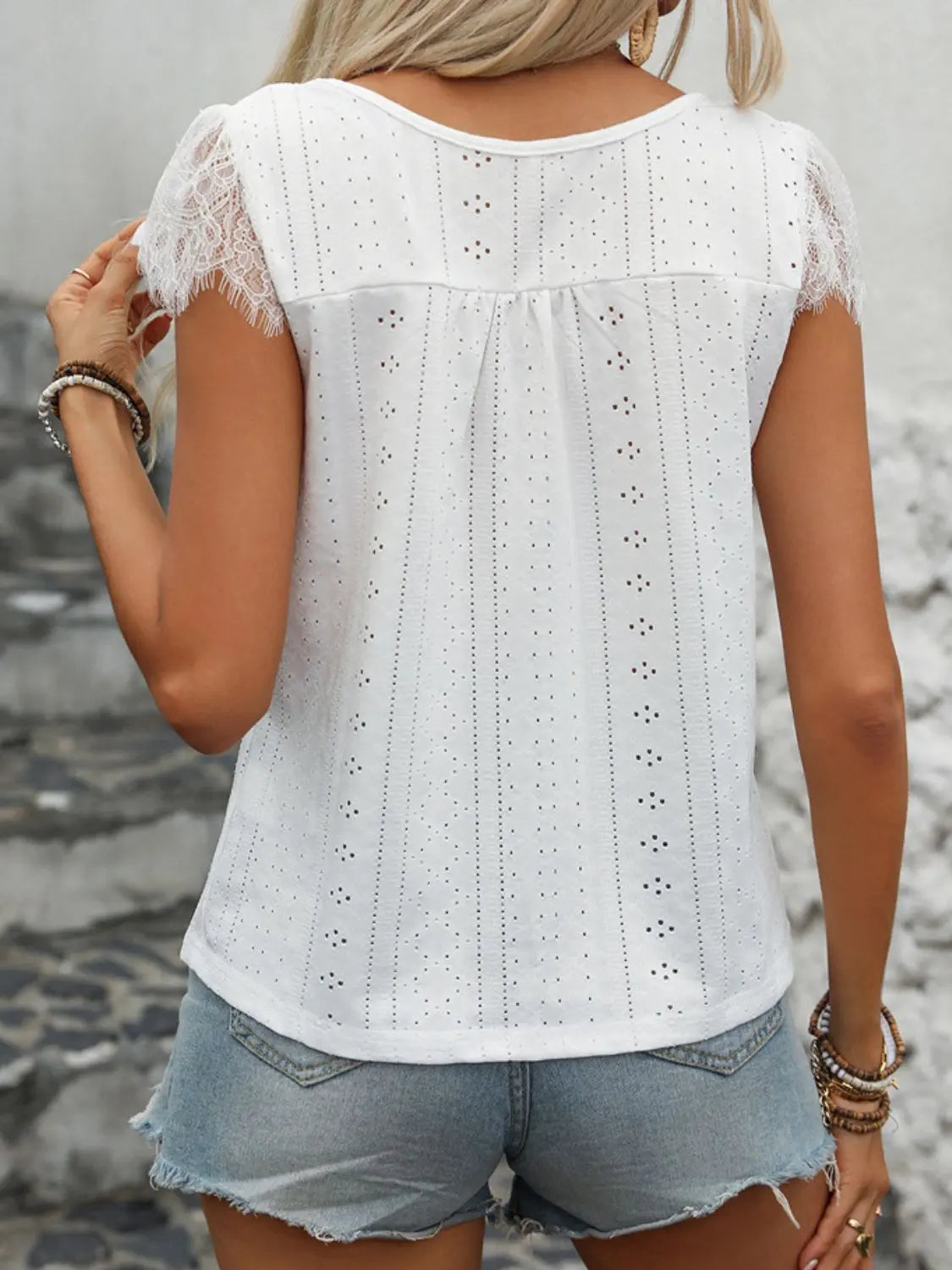 Eyelet Lace Detail V-Neck Cap Sleeve Top - Be Bliss Boutique