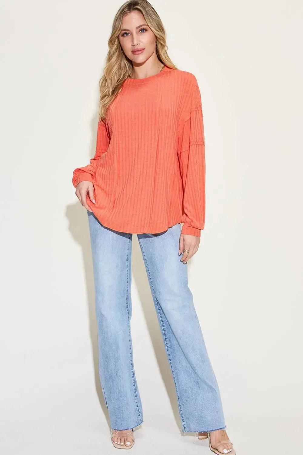 Basic Bae Full Size Round Neck Ribbed Long Sleeve T Shirt - Be Bliss Boutique