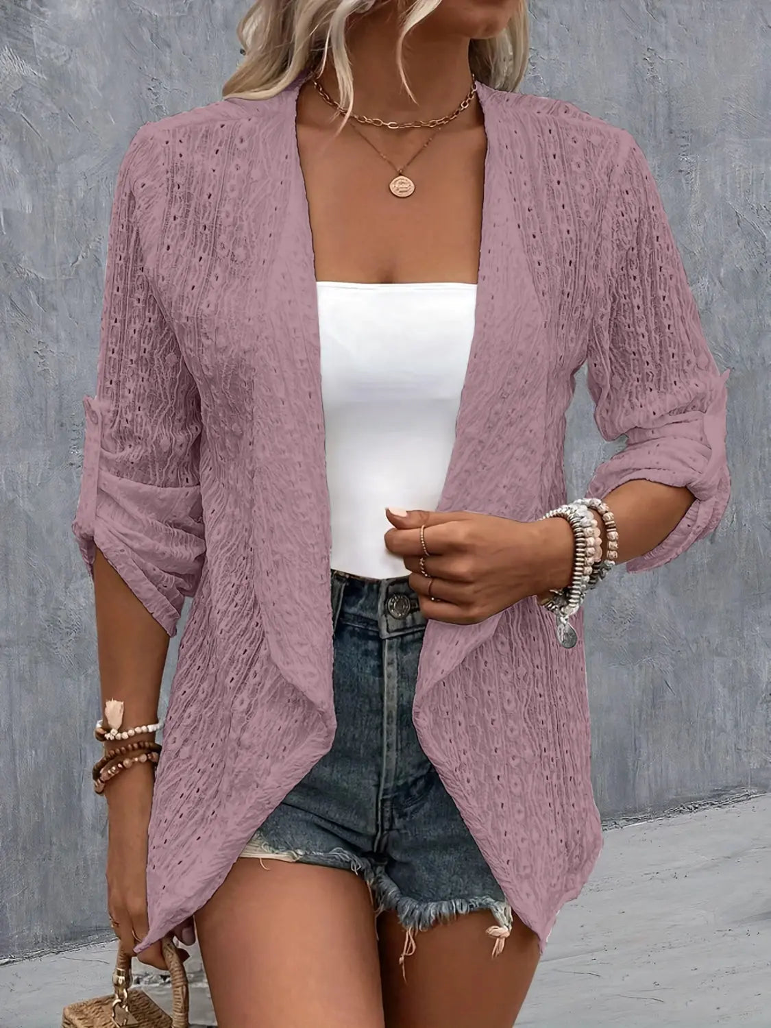 Eyelet Roll-Tab Sleeve Cardigan - Be Bliss Boutique