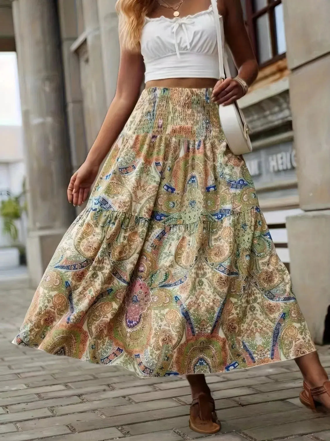 Smocked High Waist Maxi Boho Skirt – Printed Flowy Summer Skirt - Be Bliss Boutique