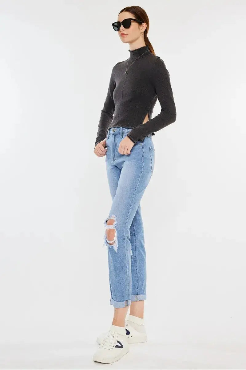 Kancan High Rise Distressed Mom Jeans - Be Bliss Boutique