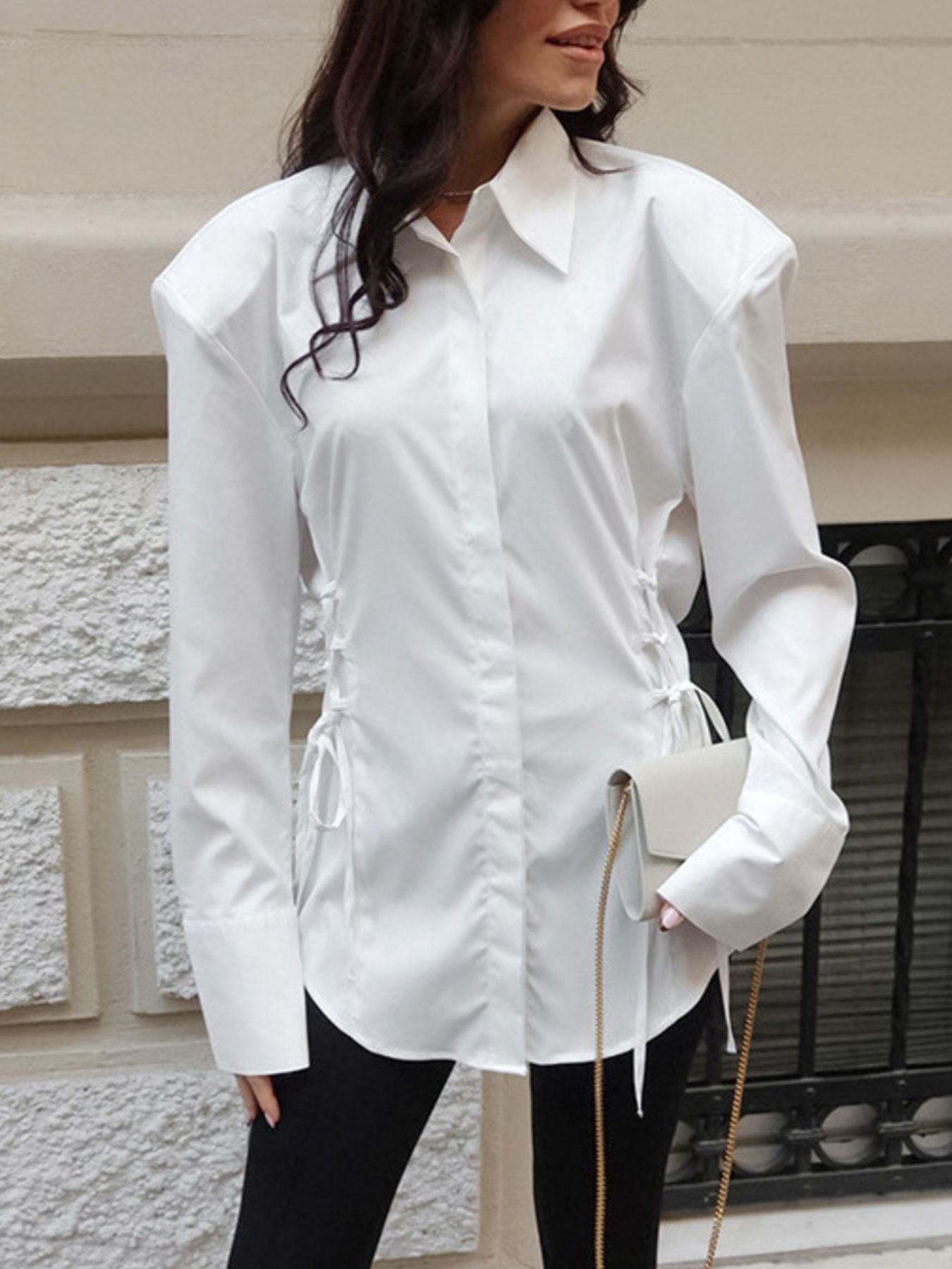 White Button Up Side Lace Up Shirt - Be Bliss Boutique
