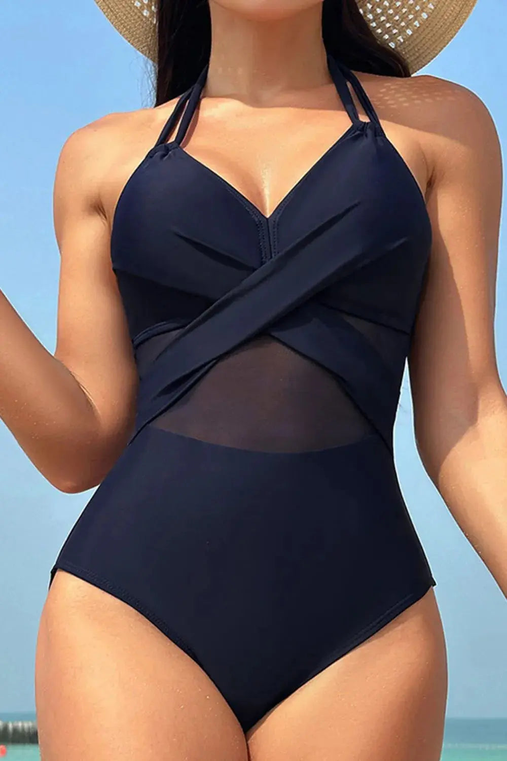 Crisscross Halter Mesh Panel One Piece Swimsuit - Be Bliss Boutique