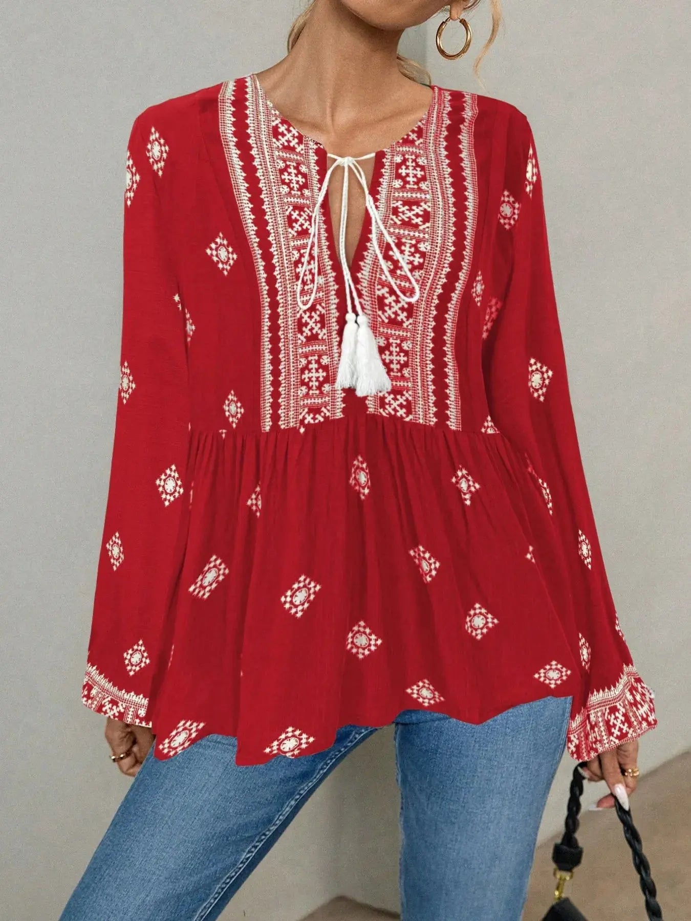Tie Front Long Sleeve Boho Blouse - Be Bliss Boutique
