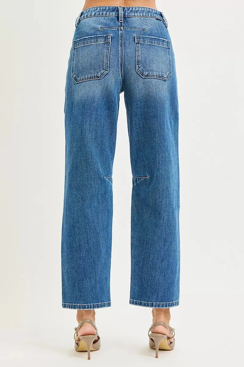 RISEN Jeans - 4 Way Stretch Mid Rise Barrel Jeans with Patch Pocket Detail - Be Bliss Boutique
