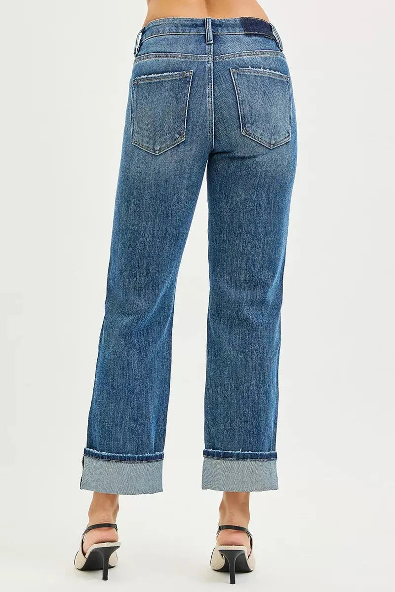 RISEN Jeans - Full Size 4 Way Stretch Slouchy Straight Jeans with Cuffed Hem - Be Bliss Boutique