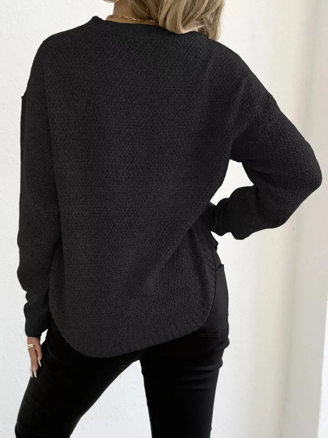 Round Neck Textured Knit Relaxed Fit Sweater - Be Bliss Boutique