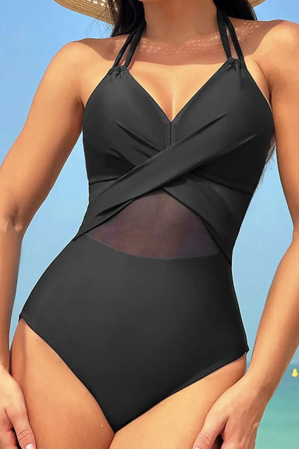 Crisscross Halter Mesh Panel One Piece Swimsuit - Be Bliss Boutique