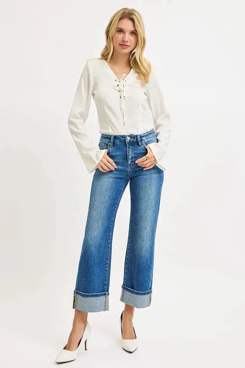 Plus Size Mid Rise Crop Straight Cuffed RISEN Jeans - Be Bliss Boutique