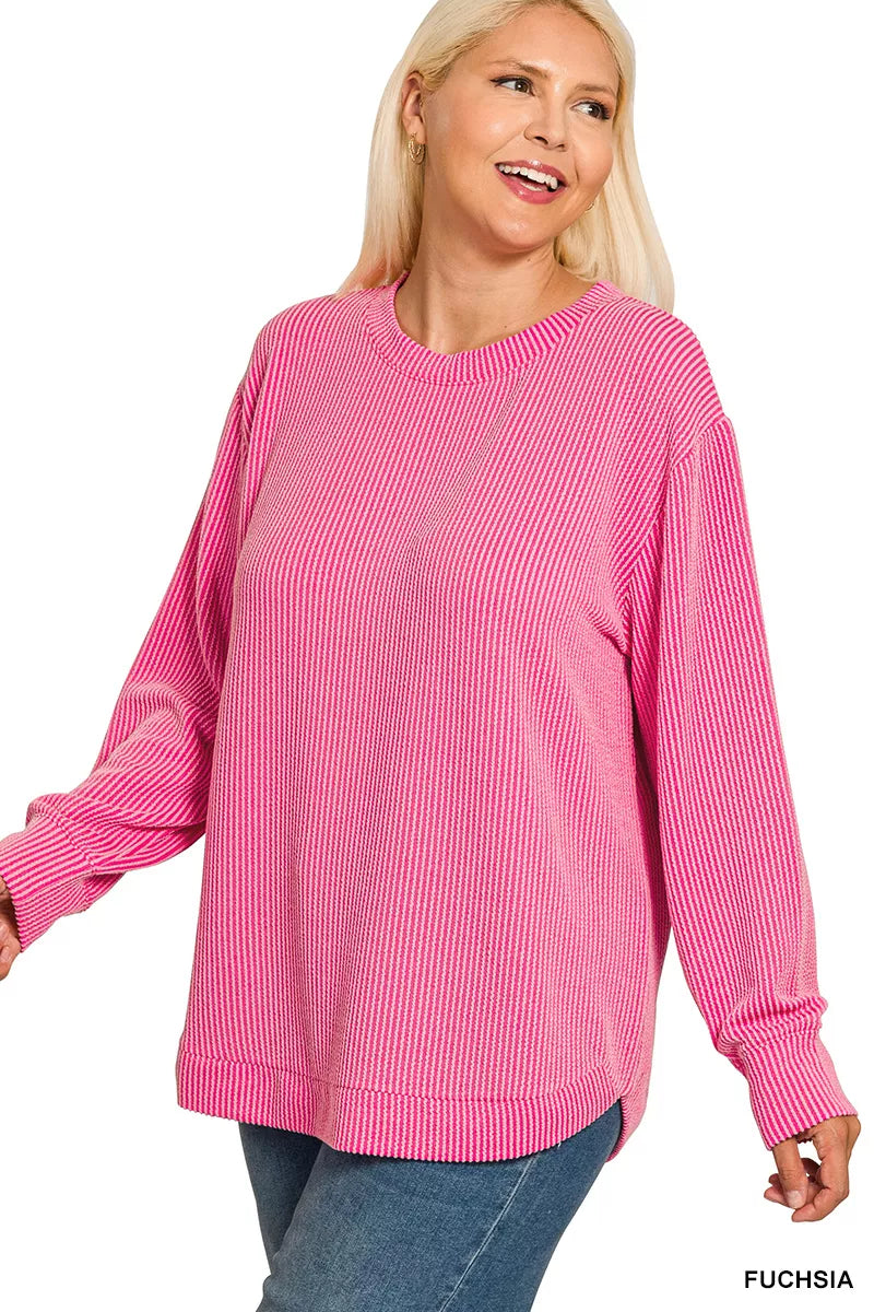 Zenana Full Size Raised Rib Round Neck Long Sleeve Top Plus Size - Be Bliss Boutique