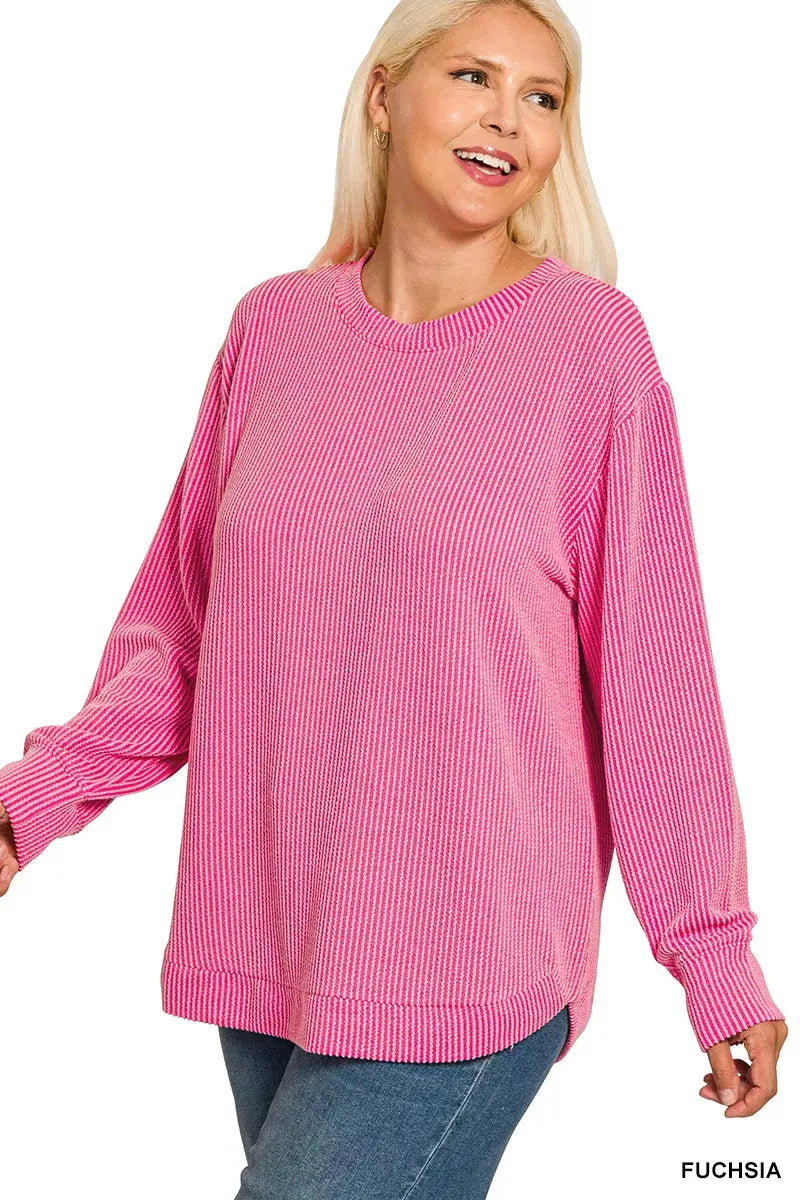 Zenana Plus Size Raised Rib Round Neck Long Sleeve Top - Be Bliss Boutique