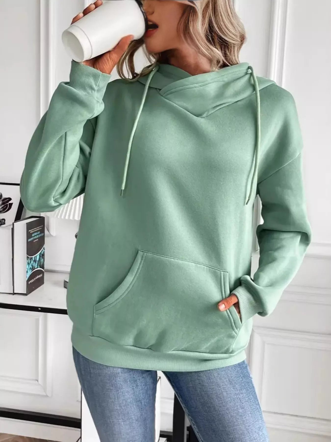 Kangaroo Pocket Long Sleeve Drawstring Hoodie - Be Bliss Boutique