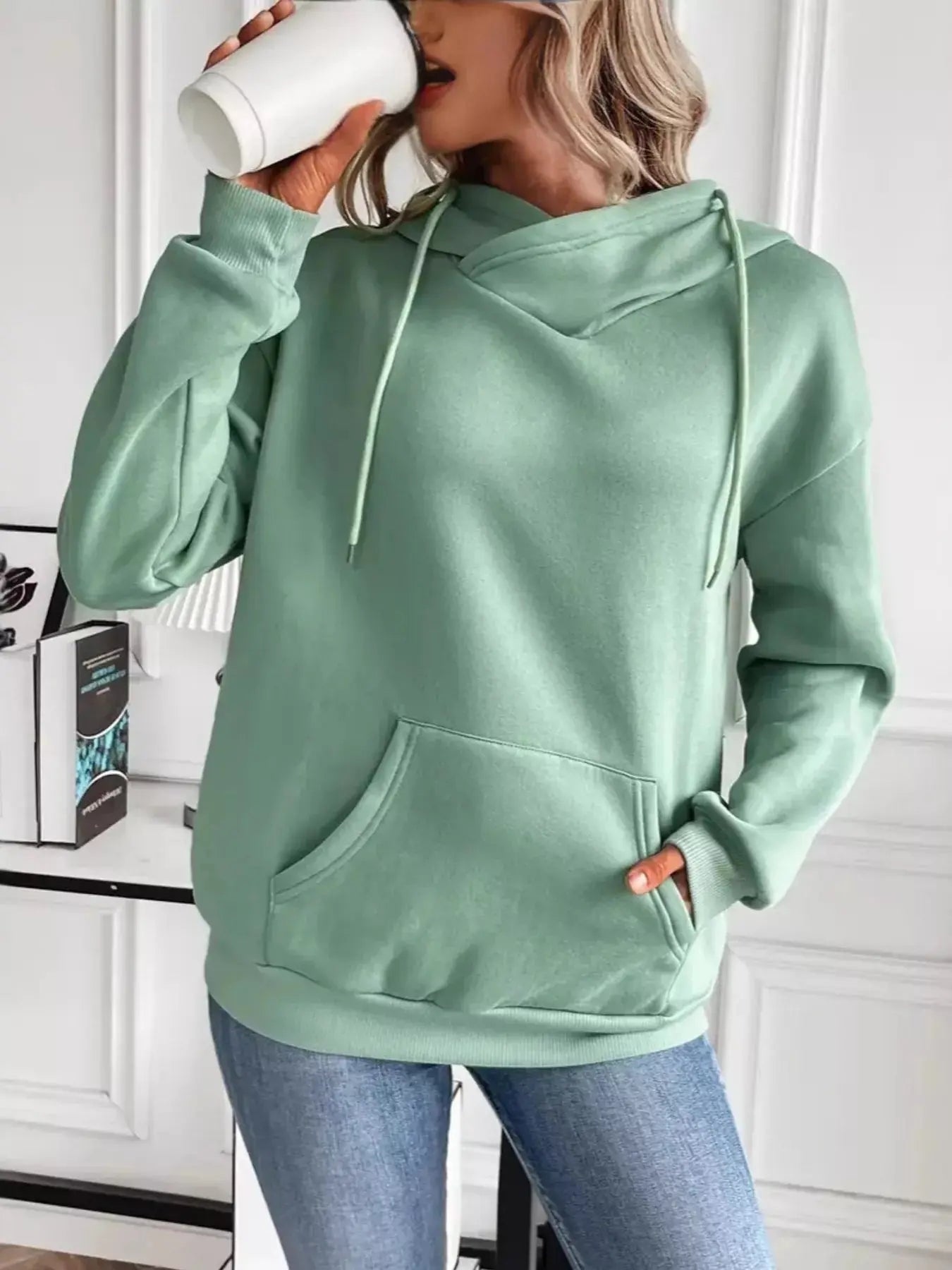 Kangaroo Pocket Long Sleeve Drawstring Hoodie - Be Bliss Boutique