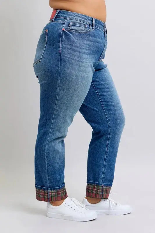Plaid Cuff Boyfriend Judy Blue Jeans – Mid Rise Straight Leg - Be Bliss Boutique