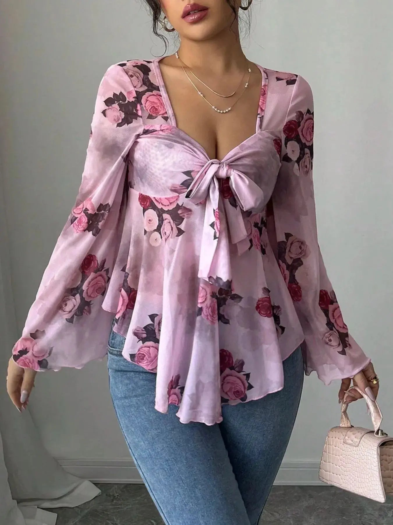 Floral Tie Front Flare Sleeve Blouse - Be Bliss Boutique