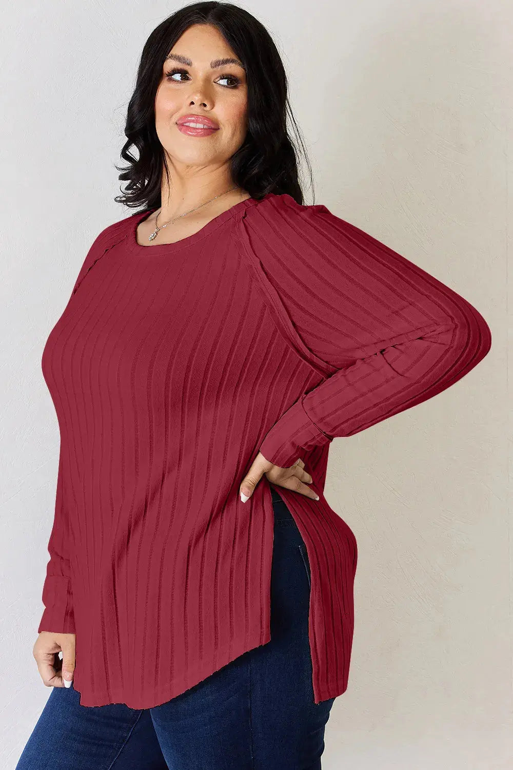 Basic Bae Ribbed Round Neck Slit Womens Long Sleeve T Shirt – Full & Plus Size - Be Bliss Boutique