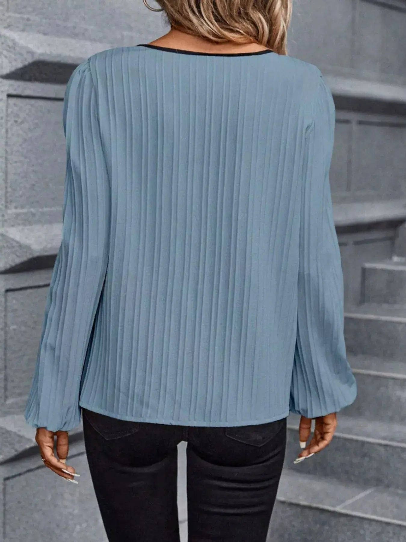Textured Notched Long Sleeve Blouse - Be Bliss Boutique