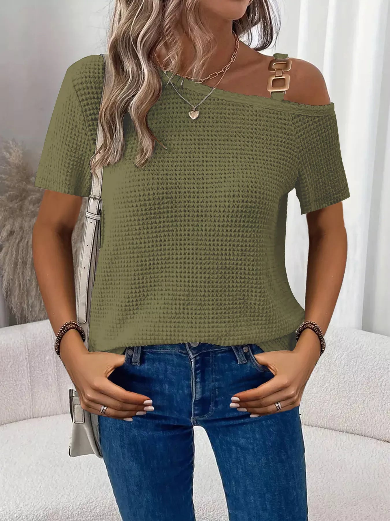 Chain Detail Waffle Knit One Shoulder T Shirt - Be Bliss Boutique