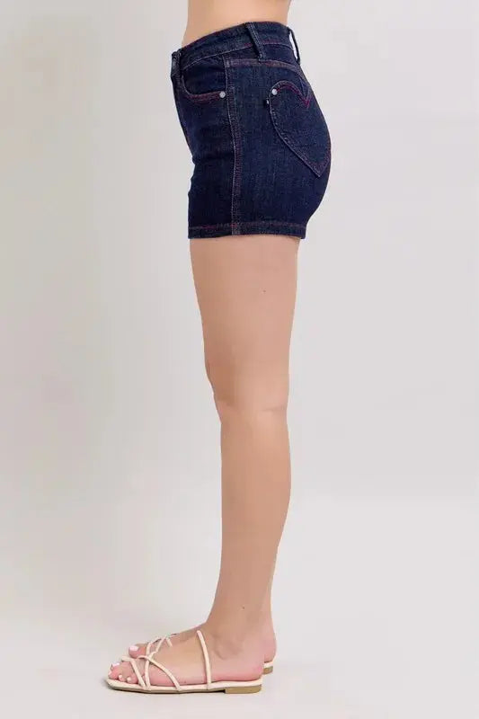 Judy Blue Jeans - Plus Size High Waist Heart Shaped Pockets Denim Shorts with Red Contrast Thread - Be Bliss Boutique