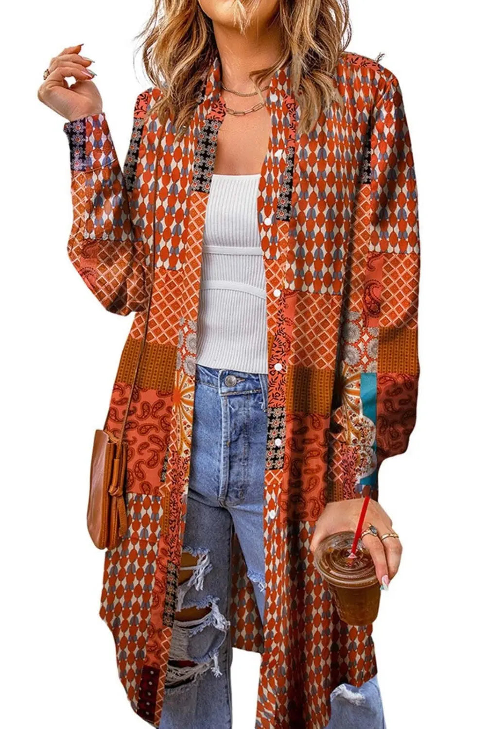 Printed Button Up Long Sleeve Cardigan - Be Bliss Boutique
