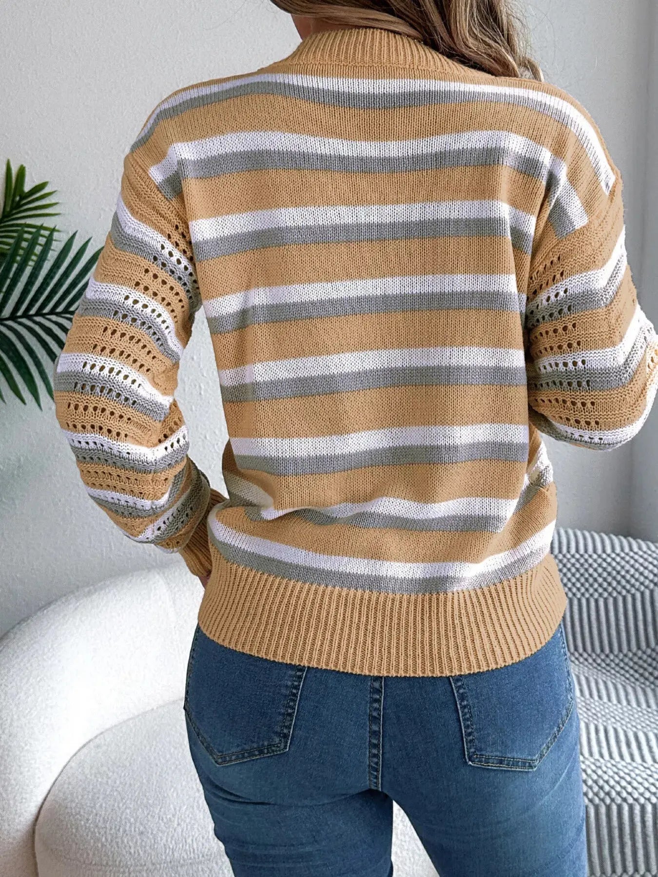Round Neck Striped Long Sleeve Sweater - Be Bliss Boutique